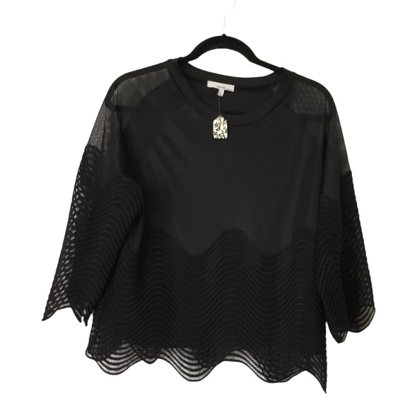 True Life NWT Black Mesh Blouse with Scalloped Edging size L - Picture 2 of 12